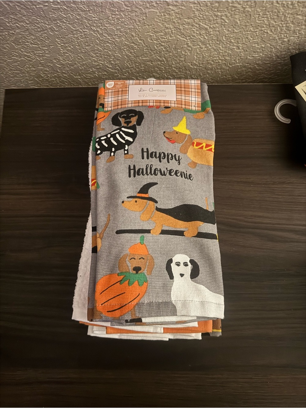 Gray "Happy Halloweenie" Halloween Kitchen Towel